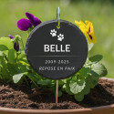Pierre commémorative chien personnalisée ronde avec piquet métallique – Plaque souvenir en ardoise avec nom, dates & message