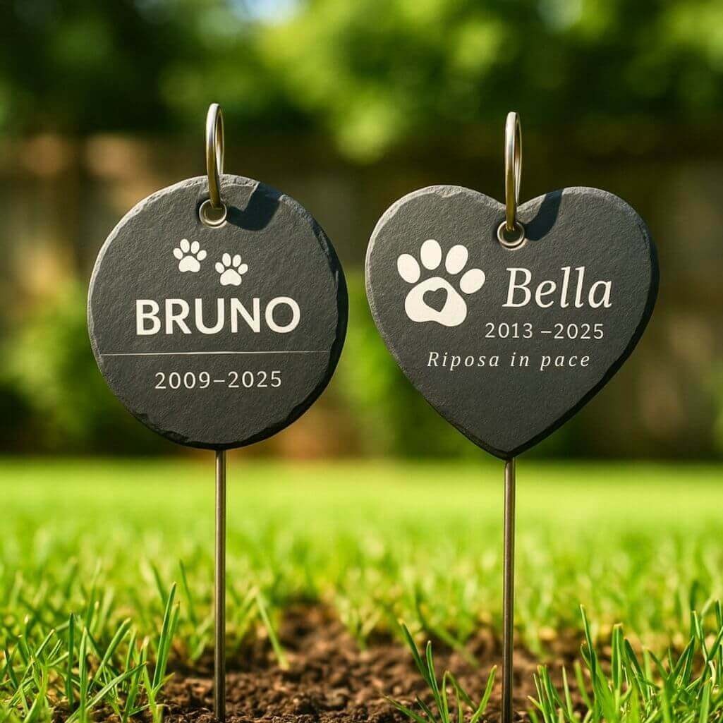 Personalised Round Dog Grave Marker with Metal Hook Stake – Slate Pet Memorial Garden Plaque with Name, Dates & Tribute