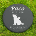 Personalised Round Dog Grave Marker – Slate Pet Memorial Garden Plaque with Dog Name, Dates, Tribute & Dog Angel Design