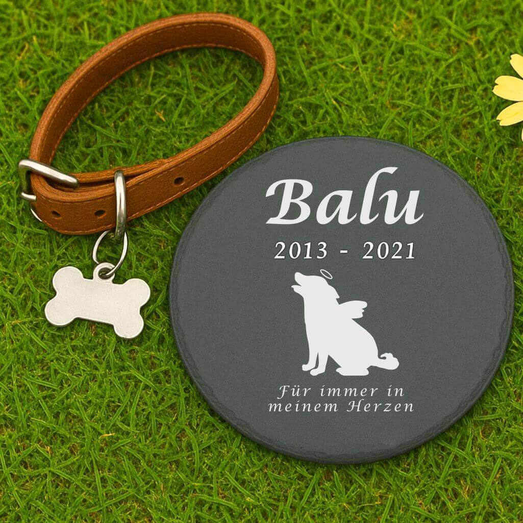 Pierre commémorative chien ronde personnalisée – Plaque souvenir en ardoise chien ange avec nom, dates & message