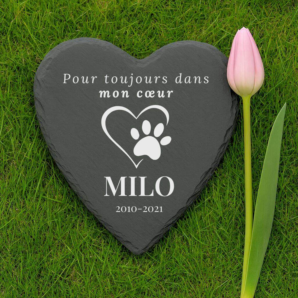 Pierre commémorative chien cœur personnalisée – Plaque souvenir en ardoise avec nom, dates & message